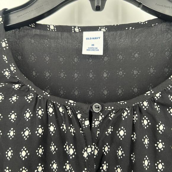 Old Navy Defined Waist Dress Black White Print Long Balloon Sleeves Keyhole Sz M - Picture 9 of 10